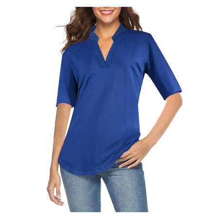 FengLS Women Fashion Casual Solid Color Pullover Slim Fit Half Sleeve V-Neck Tops 10-Ladies Clothes-07A#7681 Womens Cloth MYFWomen Fashion Casual