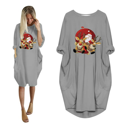 TOKMISA #1744 the Fashion Women S Winter Plus Size Loose O-Neck Pocket Christmas Printed Dress Po Dress#2743