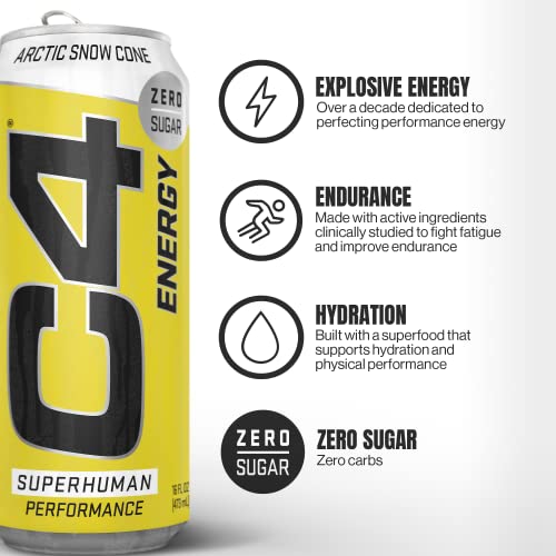 Cellucor C4 Carbonated Zero Sugar Energy Pre Workout Drink + Beta Alanine, (NEW) Sparkling Arctic Snow Cone, 16 Fl Oz, Pack of 12 thumbnail