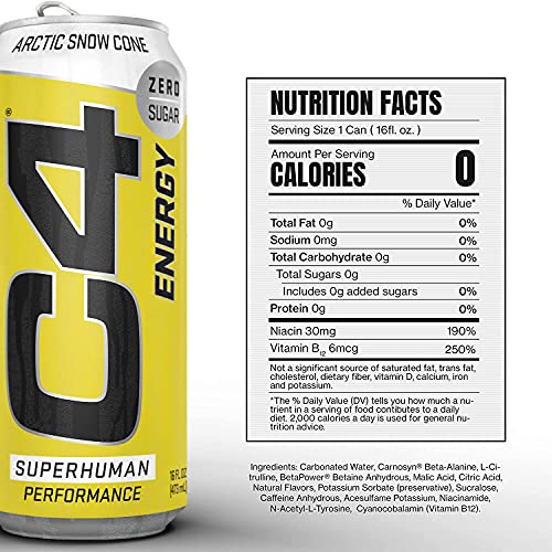 Cellucor C4 Carbonated Zero Sugar Energy Pre Workout Drink + Beta Alanine, (NEW) Sparkling Arctic Snow Cone, 16 Fl Oz, Pack of 12 thumbnail
