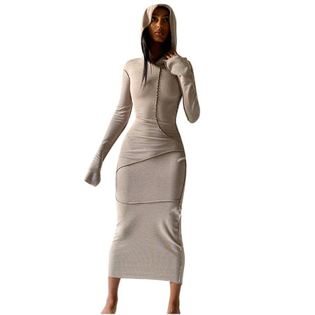 Usupdd Fall Dresses for Women 6990 Women S Fashion Sexy Solid Hooded Long Sleeve Long Dress Tight Party Club Dress WBB221007-4969