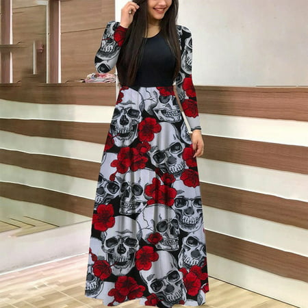 TOMKISA Women S Fashion Printed Long Sleeve Round-neck Pullover Patchwork Dress Slim #0708