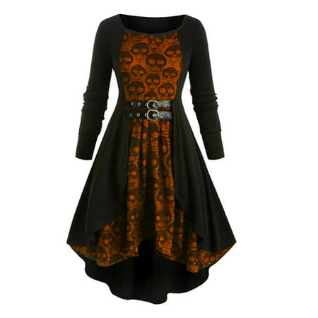 Usupdd Cocktail Dresses Women Skull Long Sleeve Round Neck Mesh Splicing Waist Belts Party Dresses Usupdd WAA221007-5999