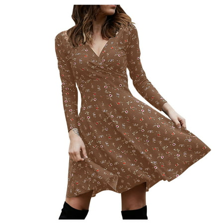 Usupdd Fall Dresses for Women 5674 Women V Neck Manches Long Sleeve Robe Retro Elegant Party Club Casual Dress WBB221007-3653