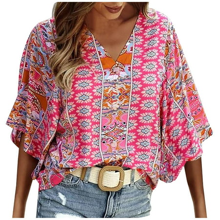 Miximx Women Tops  Women Casual Bohemian Loose Printed Short Sleeve V-neck Pullover Blouse Tops - Women Tops Women Casual Bohemian a-a#5796 Female