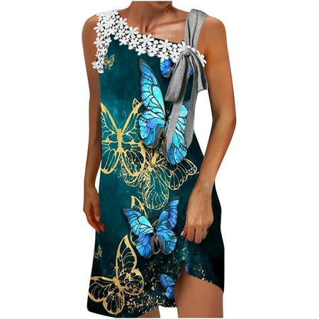 Casual Dresses for Women Summer Women S Summer Fashion Printed Round Neck Collar Sleeveless Off Shoulder Dress Cute Summer Plus Size Womens Dresses