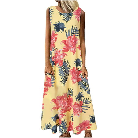Summer Dresses for Women 2022 Fashion Women Summer Casual Print Round-Neck Sleeveless Loose Long Dress for Daily Wear in Summer