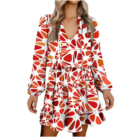 Usupdd Fall Dresses for Women 6858 Women S Fashion Casual V-Neck Long Sleeves Print Lace-up Dress Female Casual Dress WCC220913-4837