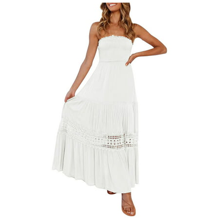 Summer Dresses for Women 2022 Womens Summer Casual Beach Tube Top Sleeveless Solid Lace Dress for Daily Wear in Summer