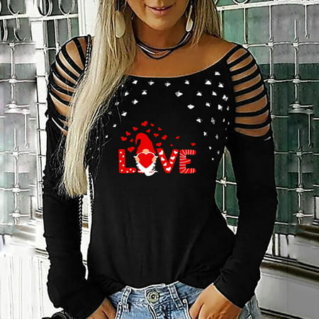 Tokmisa CO303 Women S Tops Sexy Off Shoulder Valentine S Day Printed Long Sleeve Hollow Out O-Neck T-shirt Blouse Shirt #3323