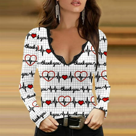 Tokmisa CO423 Women S Love Print V Neck Long Sleeve T Shirt Comfy Base Layer Shirt Slim-Fit Casual Blouse Tops Shirt #3443
