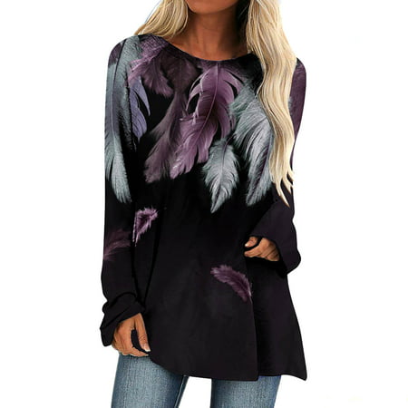 Sentmoom Cute Blouses for Women  Printing Top O Neck Bow Tie Blouses Long-Sleeves Soft Breathable T Shirts Pullover Oversized T Shirt Tie Knot Tunic T