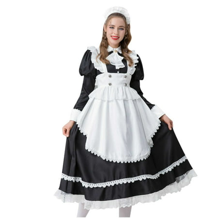 Sun Dresses Women Spring Casual Turndown Collar Woman Fashion Patchwork Puff Sleeve Maid Dress Long Sleeve Maid Dress Long Dress Black M