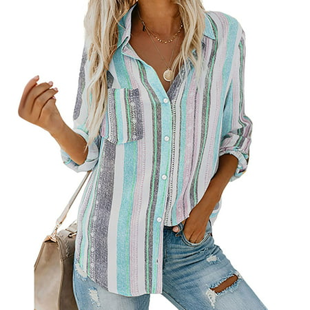 Tokmisa C212 Womens Fashion V Neck Striped Roll up Sleeve Button Down Blouses Tops with Pocket Loose Shirt #We 6222