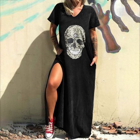 Fall Dresses for Women 2658 Women S Casual V-Neck Short Printed Slit Pocket Dress TEELON
