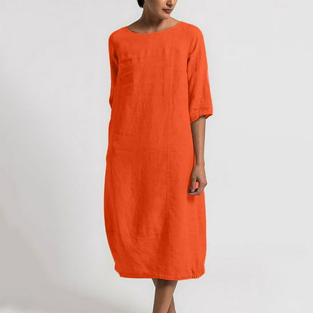Dresses for Women 9335 Date Night Work Orange Women S Fashion Round Neck Loose Short Sleeve Solid