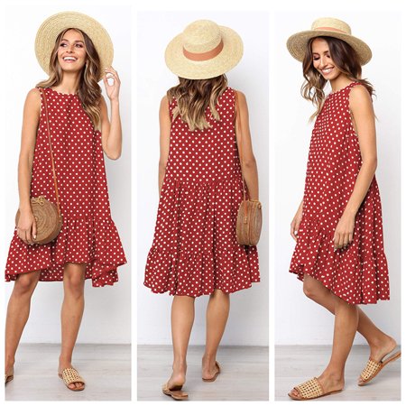 9546# 2020 Popular Round Neck Sleeveless Polka Dot Loose L Swing Lotus Dress Red M