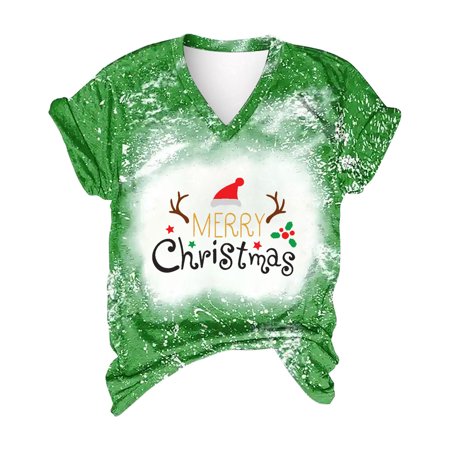 FengLS Women Casual Print Christmas Loose Short Sleeve V-Neck Tops 10-Ladies Clothes-07A#2564 Womens Cloth MYFWomen Casual Print