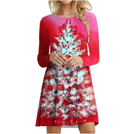 FengLS Women S Fashion Christmas Christmas Tree Print Long Sleeve Round Neck Dress 10-Ladies Clothes-07A#9764 Womens Cloth MYFWomen S Fashion Christma