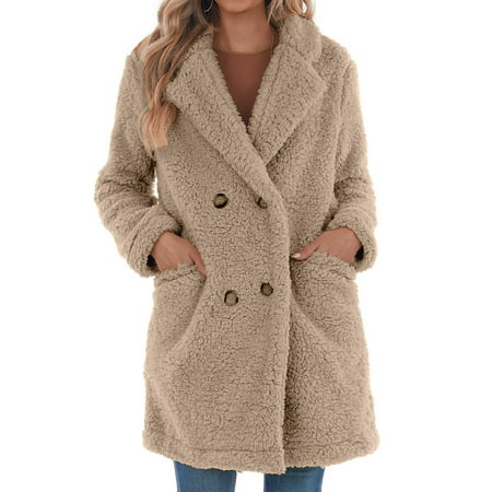 Miximx Ladies Casual Fashion Loose Plus Long Long Sleeve Pocket Button Plush Jacket - Gifts for Women Ladies Casual Fashion a-a#15069 Winter Clothes f