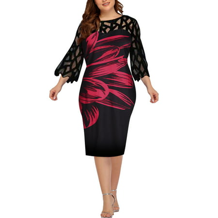FengLS Women Casual Print Gauze Splicing Loose Three Quarter Sleeve Round Neck Dress 10-Ladies Clothes-07A#9253 Womens Cloth MYFWomen Casual Print