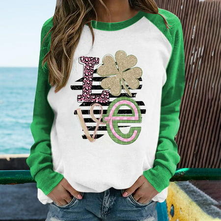 Tokmisa CO99 Women S Spring Patchwork St. Patrick S Day Printed Long Sleeves Round Neck Casual Tee Tops Shirt #3119