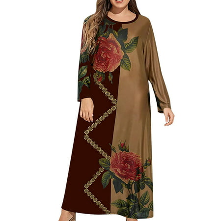 Usupdd Fall Dresses for Women 6755 Plus Size Women Casual Loose Printed Long-sleeve Crew-Neck Dress WBB221007-4734