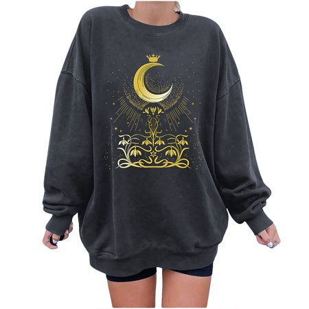 FengLS Women Print Loose Roundneck Long-Sleeved Fleece Oversized Sweatshirt Pullover 10-Ladies Clothes-07A#3460 Womens Cloth MYFWomen Print Loose