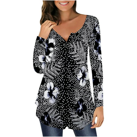 FengLS Women Fashion Printed Casual V-Neck Long Sleeve Loose Button T-Shirt Blouse Tops 10-Ladies Clothes-07A#6229 Womens Cloth MYFWomen Fashion Print
