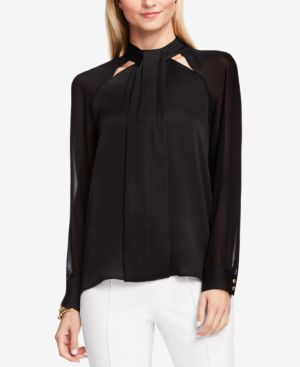 VINCE CAMUTO $99 Womens New 1455 Black Pleated Crew Neck Cuffed Top L B+B
