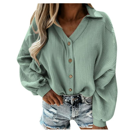 Women S 2292 New Top Clotheswomen S Casual Solid Color Shirts Long Sleeve T-Shirts Loose V-Neck Blouse Autumn Casual Soft Cozy Top