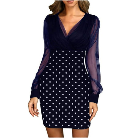 Usupdd Fall Dresses for Women 2022Women Fashion Point Print Mesh Sexy Retro Elegant V-neck Party Club Dress Usupdd WAA221006-5674