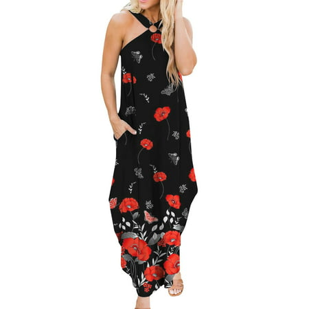 Summer Dresses for Women 2022 Boho Summer Maxi Dress for Women Summer Casual Criss Cross Sundress Sleeveless Split Long Beach Dress with Pockets for D