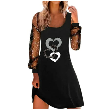 Usupdd Fall Dresses for Women 9021 Women Sexy Long Sleeve Lace Stitching Square Neck Love Printing Above Knee Elegant Ladies Little Black Party Club D