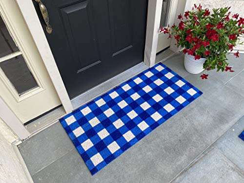 Buffalo Plaid Doormat with Rubber Backing, Anti-Slip, Large Sizes for Double Doors (22 X 47-inch, Blue)