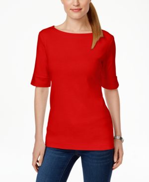 KAREN SCOTT Womens New 1128 Red Crew Neck Cuffed Casual Top S B+B