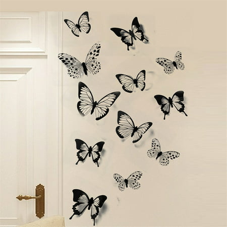 12pcs Decal Wall Stickers Home Decorations 3D Butterfly Black White - Uscallm 2022 Black H#1507-a-H#1507