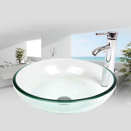 PULUOMIS Bathroom Sinks Chrome Faucet Transparent Bowl with Mounting Ring  Pop up Drain for Bathroom Renovation