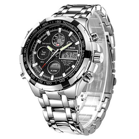 GOLDEN HOUR Luxury Stainless Steel Analog Digital Watches for Men Male Outdoor Sport Waterproof Big Heavy Wristwatch (Silver Black)