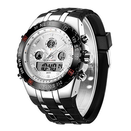 GOLDEN HOUR Huge Face Large Size Military Sports Mens Watches Waterproof  Stopwatch  Date and Date  Alarm  Luminous Digital Analog Stainless Steel Wri