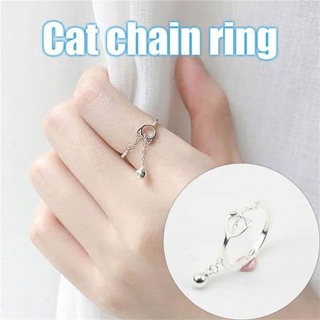 Usupdd Cute Cat and Bell Ring Opening Adjustable Ring Easy to Match Clothes Style Usupdd WDD220815-6990