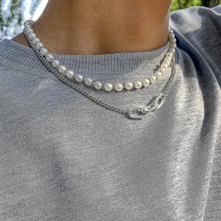 Hip Hop Retro Imitation Pearl Men S Necklace  White K Set 2564