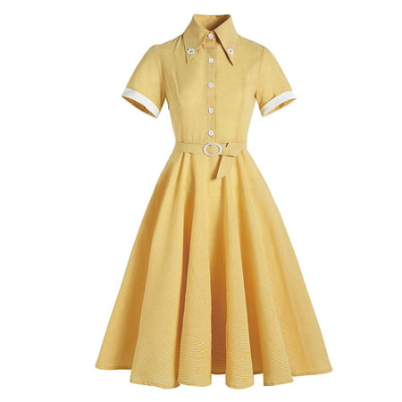 DDgui Formal Dresses for Women Women Thin Printing Swing Dress Lace Short Sleeve Round Neck Dress DDgui WCC220920-6990