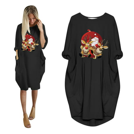 TOKMISA #1744 the Fashion Women S Winter Plus Size Loose O-Neck Pocket Christmas Printed Dress Po Dress#2743