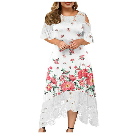 Women Plus Size Dresses Clearance Plus Size Round-Neck Printed Lace Patchwork Long Dress Short Sleeve Dress