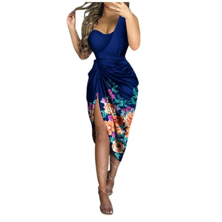 Fall Dresses for Women Clearance Summer Printed One Shoulder Sleeveless Smocked Evening Dress
