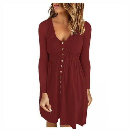 Usupdd Long Sleeve Dress for Women Women S Casual Autumn Solid Sexy U-Neck Buttons Long Sleeve Waist Dress WLL221007-5674