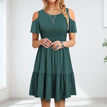 Dresses for Women 3535 Date Night Work Green Women Casual Fashion Short Sleeve Off Shoulder Ruffle