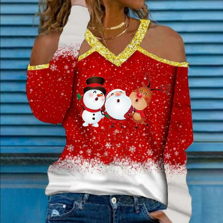 Tokmisa Ti#10343 Women V-Neck Color Block Chriasmas Snow Snowman Printing Strapless Halter Long Sleeve Sexy Tops Blouse Tok 3943