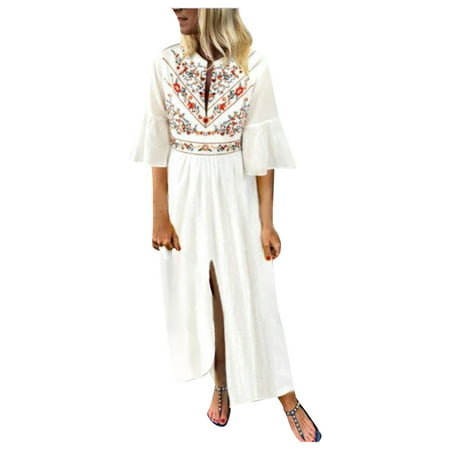 Usupdd Womens Dresses Women S Fashion Casual Flared Sleeve Mid Sleeve V Neck Ethnic Print Dress Female Sundress 22020801-4973